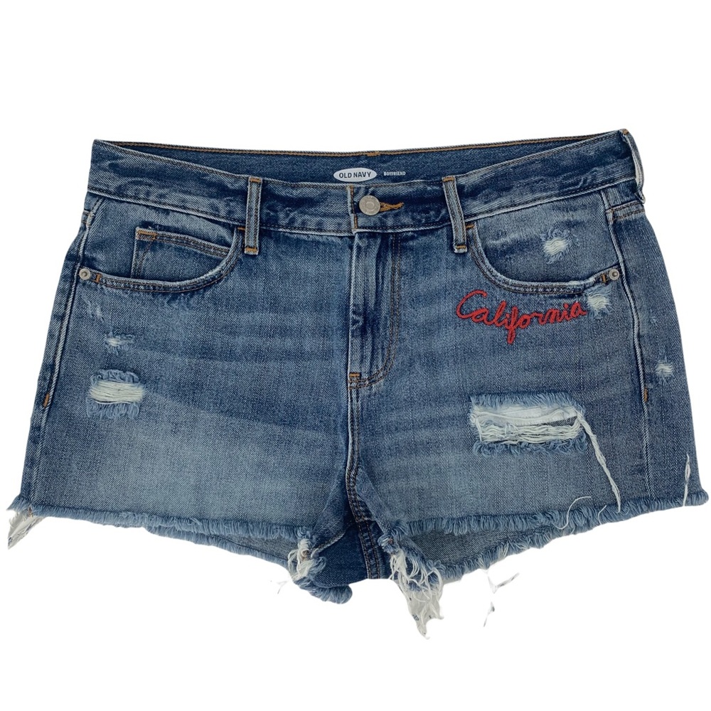 Old Navy Boyfriend Cut Off Jean Shorts Frayed Size 8 Distressed Embroidered Cali